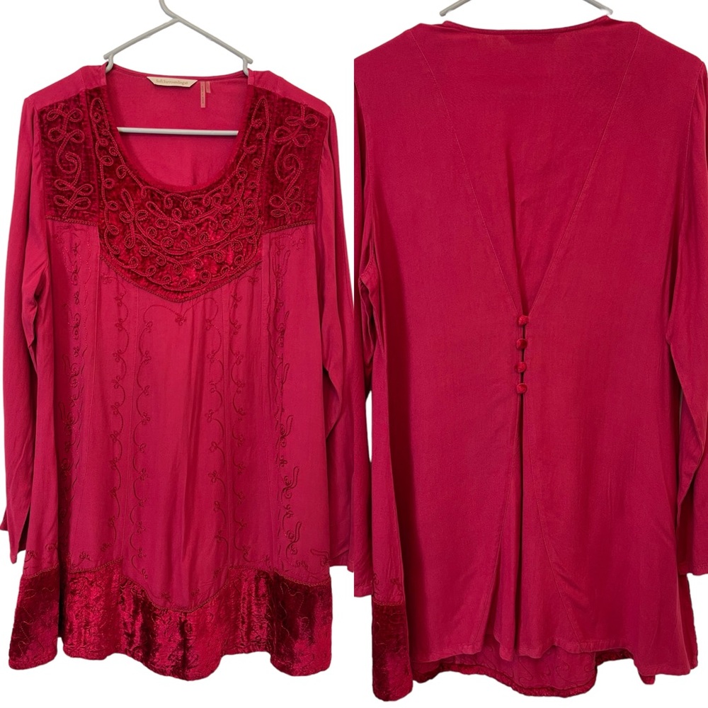 Soft surroundings Boho Tunic velvet Embroidered  Dress Size L pinkish Red